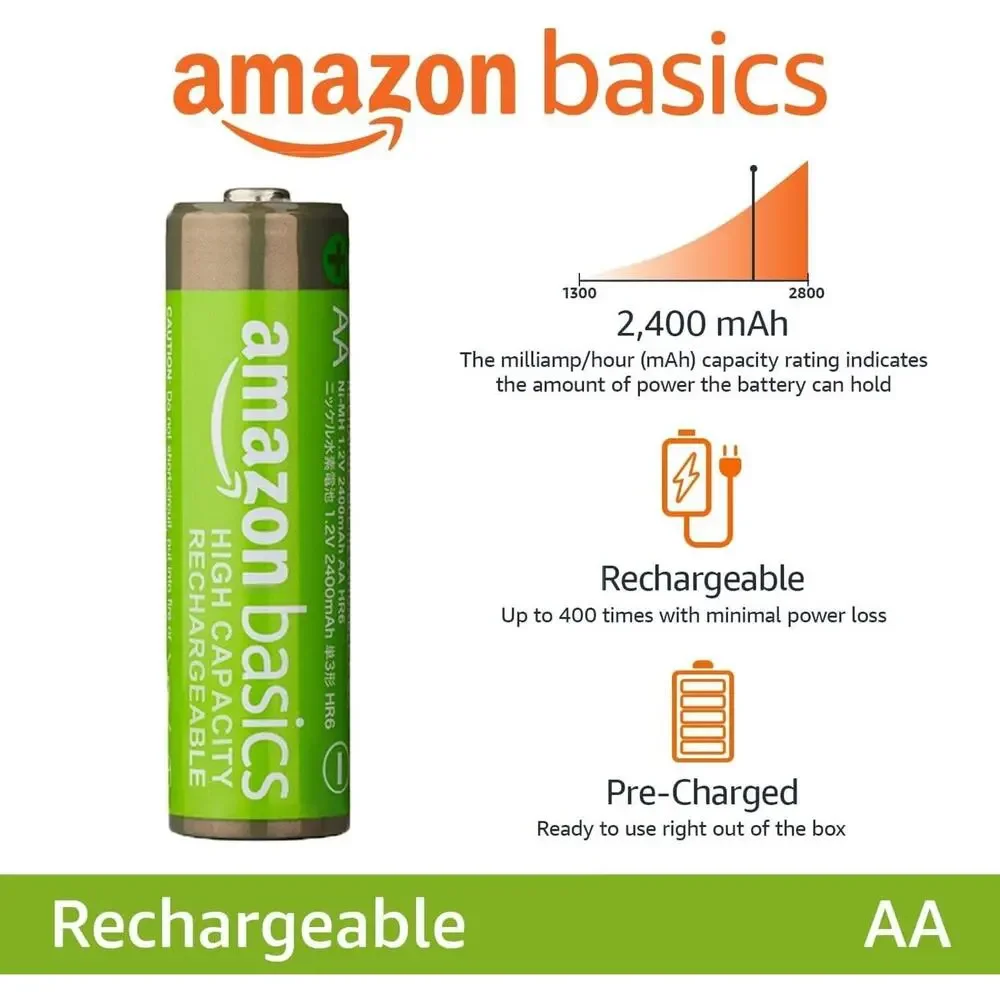 Amazon Basics Rechargeable AA Batteries, 16-Pack, 2400 mAh, NiMH High-Capacity.